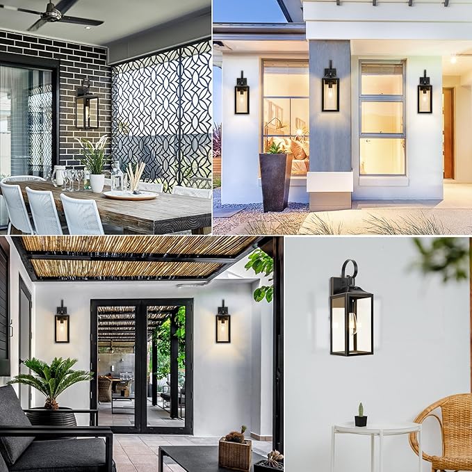 Large Dusk to Dawn Outdoor Wall Light, 19" Black Outside Farmhouse Wall Sconce, Industrial Wall Mount Light Fixture, Waterproof Modern Porch Lighting Exterior Lamp for House -with Gold Trim