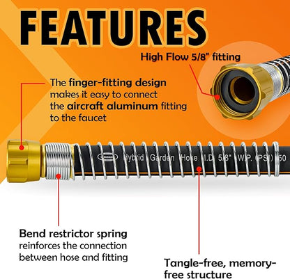 5/8 in. × 100ft. Flexible Hybrid Rubber Garden Hose, High Flow 5/8" I.D. No Memory Durable Lightweight Water Hose for Watering, Irrigation, Water Transfer Pump