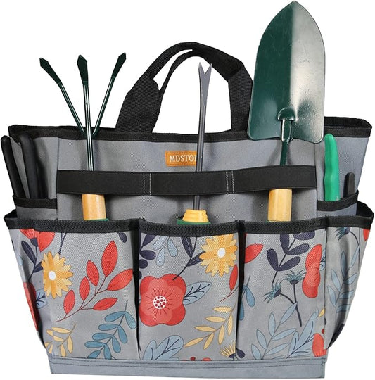 MDSTOP Garden Tool Bag, Garden Tool Kit Holder Home Organizer Storage Carrier, Oxford Garden Hand Tool Storage Tote Organizer with Handle and 8 Roomy Pockets, Floral Gardening Gift, Tools Not Included