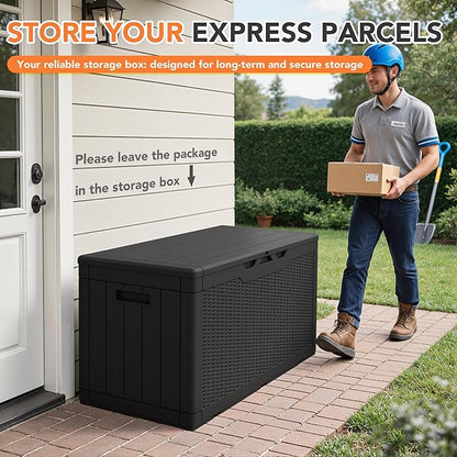 105 Gallon Deck Box Outdoor Indoor Waterproof Storage Box for Patio Furniture, Pool Accessories, Garden Tools, and Cushion Storage, Black