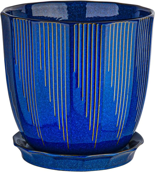 ADN Large Plant Pot Indoor Planters Ceramic Pot for Plants with Drainage Hole and Saucer for Flowers and Plants, Navy, 8 Inch