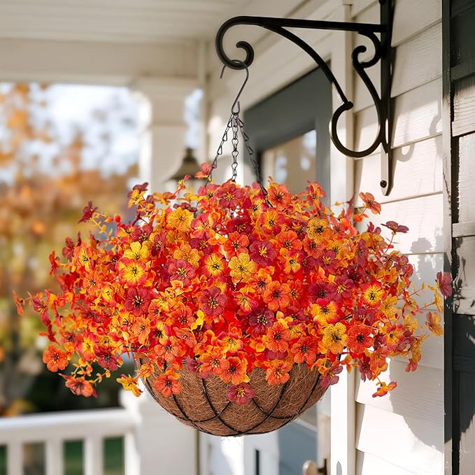 Fake Mums Artificial Fall Flowers with Hanging Baskets Outdoors for Decoration Faux mums for outdoor planters Daisy Flower with Eucalyptus Leaves for Porch Home Patio Balcony and Yard Autumn Decor