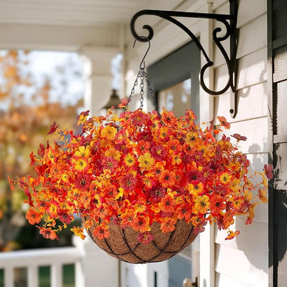Fake Mums Artificial Fall Flowers with Hanging Baskets Outdoors for Decoration Faux mums for outdoor planters Daisy Flower with Eucalyptus Leaves for Porch Home Patio Balcony and Yard Autumn Decor