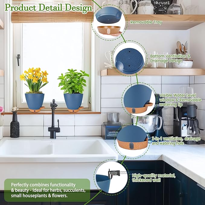 6 Inch Self Watering Pots for Indoor Plants (5-Pack) – Small Plastic Planters with Water Window, Drainage Holes & Trays, Indoor Outdoor Flower Pots for Herbs, Succulents, Home Garden Decor (Navy Blue)