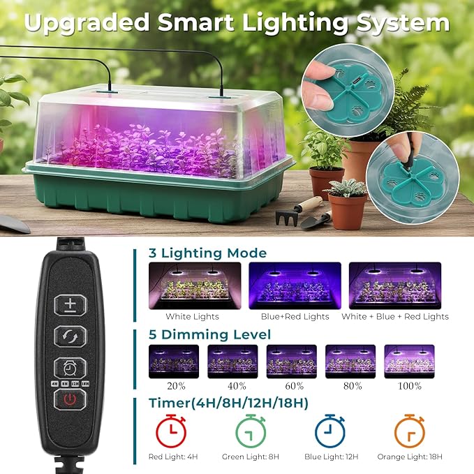 96 Cells Seed Starter Tray with Lights, 2 Packs Seed Starter Kit with Humidity Vented Domes and High Lid, Adjustable Brightness Germination Kit for Indoor Greenhouse Seed Starter