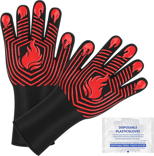 BBQ Gloves, 1472°F Heat Resistant Gloves Fireproof Mitts，Grilling Gloves Silicone Non-Slip Washable Oven Gloves, Kitchen Gloves for Barbecue, Grilling, Cooking, Baking, Camping, Smoker (Red)