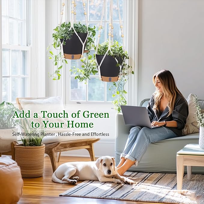 Hanging Planter Self Watering 8 Inch, 2 Pack Hanging Baskets for Plants, Hanging Flower Pots with Drainage Hole & 2 Kinds of Plant Hangers for Garden Home Decor (Black, 8 inch)