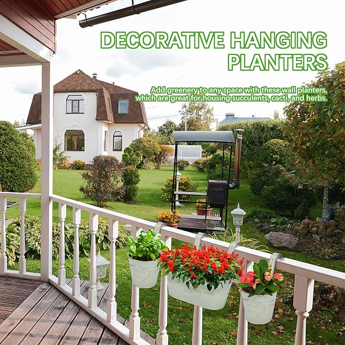 PerGar Vintage Metal Iron Wall Hanging Flower Pots, Rustic Planter Bucket Herb Flower Plant Holder with Detachable Hooks & Drainage Hole for Railing Fence Balcony Deck Garden Home Decoration, Set of 3