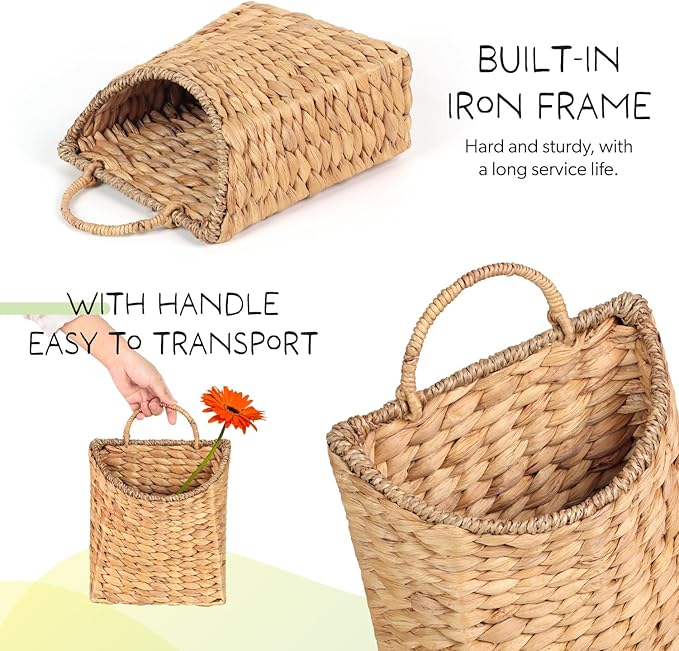 Woven Hanging Water Hyacinth Baskets, Hanging Wall Wicker Basket, Handmade Organizer Baskets, Hanging Flower Basket for Shelves, Walls, Doors, Balconies, Front of House, Garden, Farmhouse, Home.