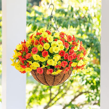 Artificial Fake Hanging Flowers Basket for Outdoors Spring Decoration, 12 Bundles Faux Silk Morning Glory Plants for Outdoor Planters Realistic UV Resistant Artificial Flowers for Outside Porch Garden