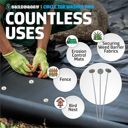 Sandbaggy 18-inch Circle Top Pins - Landscape Staples (Made in The USA) - Garden Stakes for Landscaping, SOD, Weed Barrier Fabric - Heavy Duty Ground Stakes, Lawn Turf Spikes, Decorations (100 Pins)