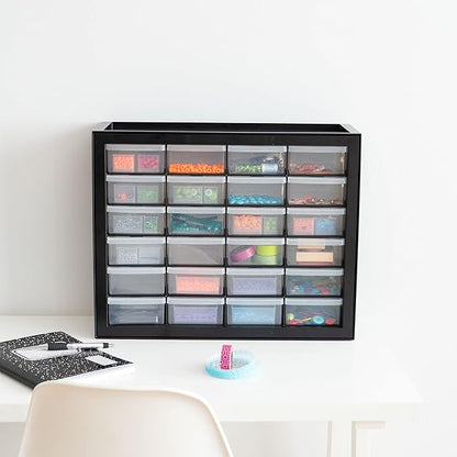 IRIS USA Plastic Storage Drawers, 24-Drawer, Stackable Small Parts Organizer Cabinet for Hardware Screw Nuts and Bolts Sticker Bead Balloon Building Bricks, Teacher Toolbox Garage Storage Bins, Black