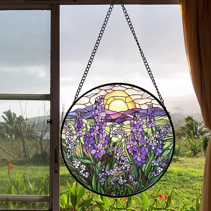 Stained Glass Window Hanging - Purple Lavender Suncatcher for Door Terrace Garden Home Decor Plant Flowers Landscape Sun Catcher Birthday Gifts for Lovers Women Men Dad Mom Nana 15 in