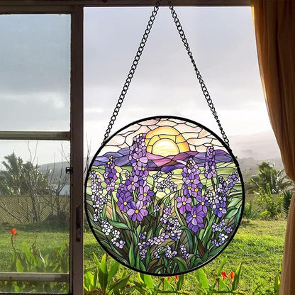 Stained Glass Window Hanging - Purple Lavender Suncatcher for Door Terrace Garden Home Decor Plant Flowers Landscape Sun Catcher Birthday Gifts for Lovers Women Men Dad Mom Nana 15 in