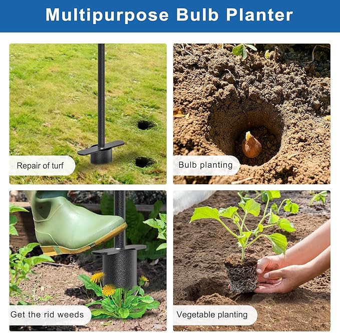 BeneLabel Hand Held Grass Plugger Tool with Push Pull Long Handle Lawn Plug Tool with Soft Rubber Grip Garden Bulb Planter for Digging Holes, Planting, Lawn Repair and Transplant Seedling