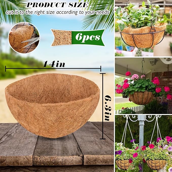 ZeeDix 6Pcs 14 Inch Coconut Liners for Planters, Round Hanging Basket Liners 100% Natural Coco Coir Basket Coco Replacement Liners for Hanging Basket Planters Flowers Vegetables(14in-6pcs)