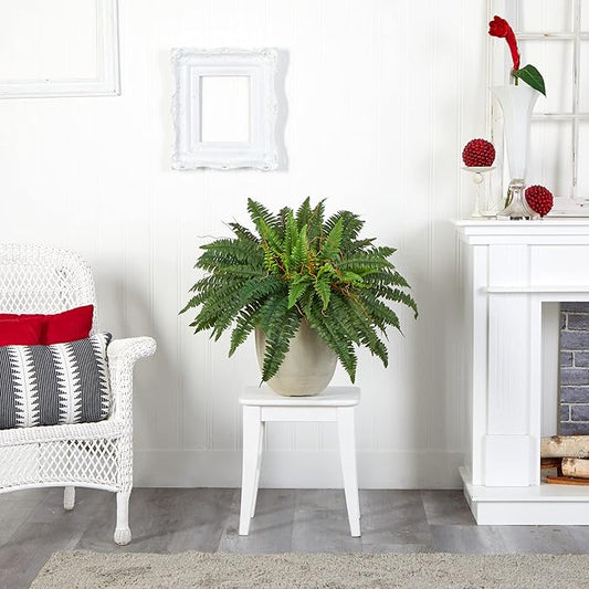 Nearly Natural 22" Boston Fern Artificial Plant In Sandstone Planter, Green