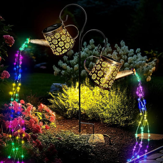 Solar Watering Can Lights Outdoor, IP65 Waterproof Garden Decor Solar Garden Light 8 Multi-Color Changing Modes One Pole Two Lights Outdoor Decorations for Yard, Lawn, Patio