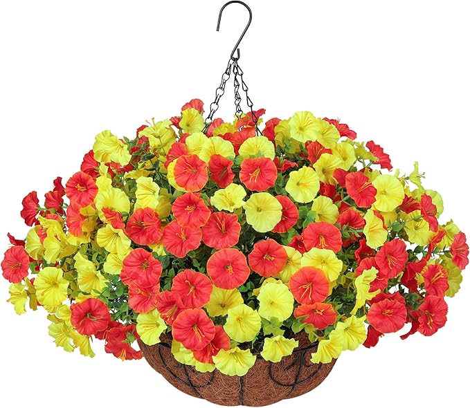 Artificial Fake Hanging Flowers Basket for Outdoors Spring Decoration, 12 Bundles Faux Silk Morning Glory Plants for Outdoor Planters Realistic UV Resistant Artificial Flowers for Outside Porch Garden
