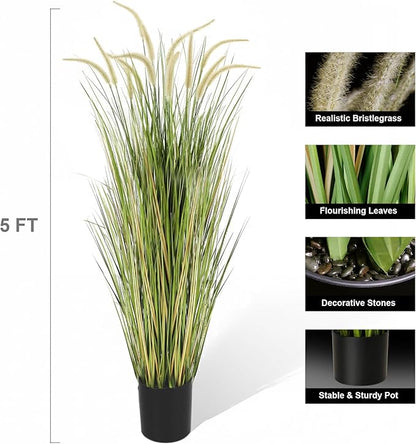 KOL Artificial 5ft 2-Pack Horsetail Reed Grass, 59in Tall Artificial Indoor Outdoor Fake Grass Plant, Home Office Decorative Artificial Plants in Pot Faux Plant Greenery, Wedding Decor
