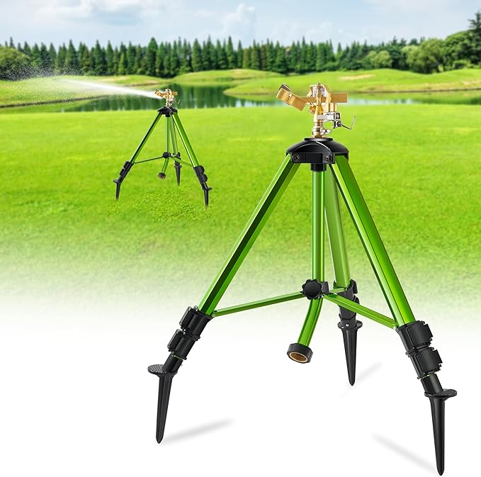 Impact Sprinklers on Tripod Base with Ground Plugs,Heavy Duty Brass Head Sprinkler with 360 Degree Spray,0-44ft Large Area Irrigation,Tripod Sprinkler with Extension Legs for Yard Garden Lawn,1 Pack