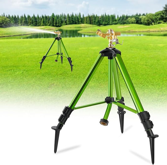 Impact Sprinklers on Tripod Base with Ground Plugs,Heavy Duty Brass Head Sprinkler with 360 Degree Spray,0-44ft Large Area Irrigation,Tripod Sprinkler with Extension Legs for Yard Garden Lawn,1 Pack