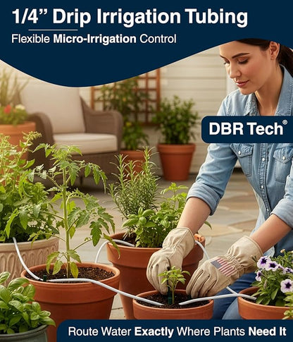 DBR Tech® 1/4 Drip Irrigation Tubing, 100 Feet, Flexible PVC Plastic Drip Irrigation Hose for Gardening, Misting, Hydroponics and DIY Landscape Garden Projects, Blank Distribution (100ft, White)