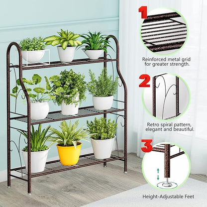 SORCEDAS Plant Stand Indoor Outdoor Plant Shelf 3 Tier Metal Corner Flower Stand Multiple Holder for Patio Garden Balcony Living Room, Bronze
