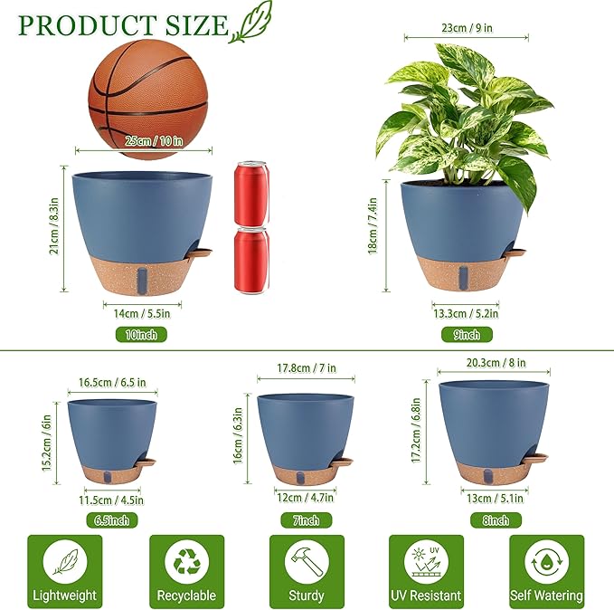 Self Watering Pots for Inoor Ourdoor Plants 10/9/8/7/6.5 Inch Plastic Planters with Drainage Holes & Water Level Indicator, Decorative House Flower Nursery Planting Pots with Saucers (Navy Blue)
