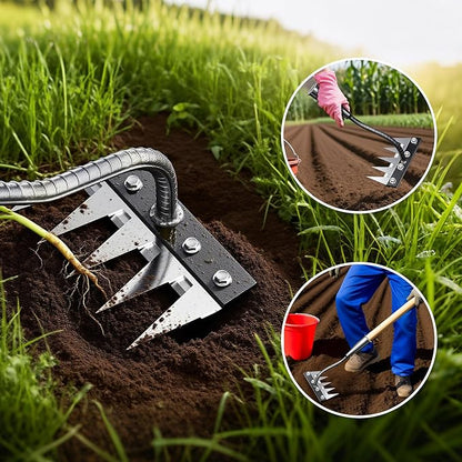 Iron Weeding Rake, 5-Teeth Detachable Gardening Hand Weeder Tool with Ergonomic Grip, Heavy-Duty Hand Weeder Puller Tool for Yard & Lawn & Flowerbeds