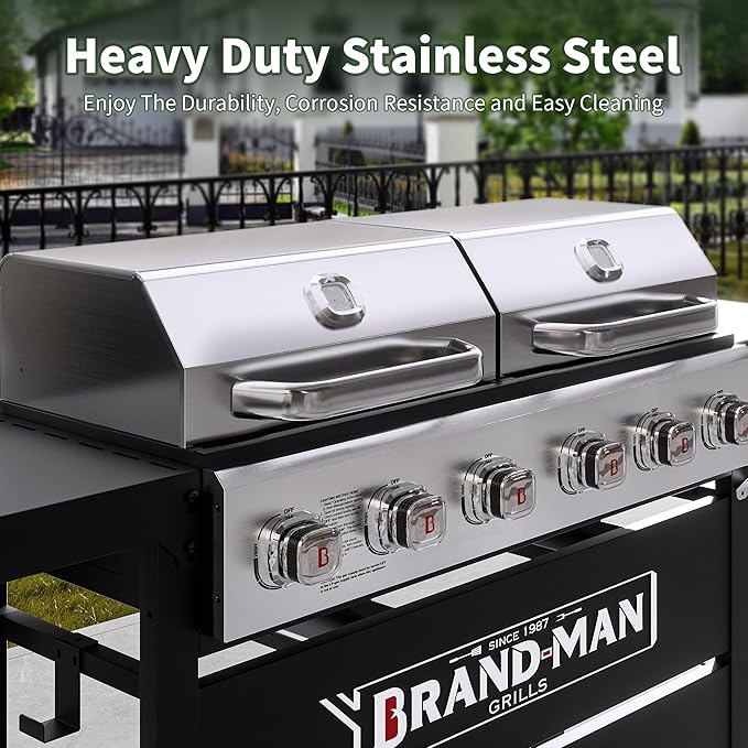Brand-Man Griddle Grill Combo 6-Burner, 2 in 1 Versatile Propane Gas Grill and Griddle with Double Stainless Steel Lids, BBQ Combo for Outdoor Kitchen & Backyard Barbecue Cooking