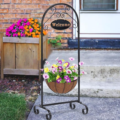 LEWIS&WAYNE 40’’ Tall Metal Welcome Planter Basket Stand with Coco Liner, Outdoor Décor for Porch, Deck, Patio, Landscape
