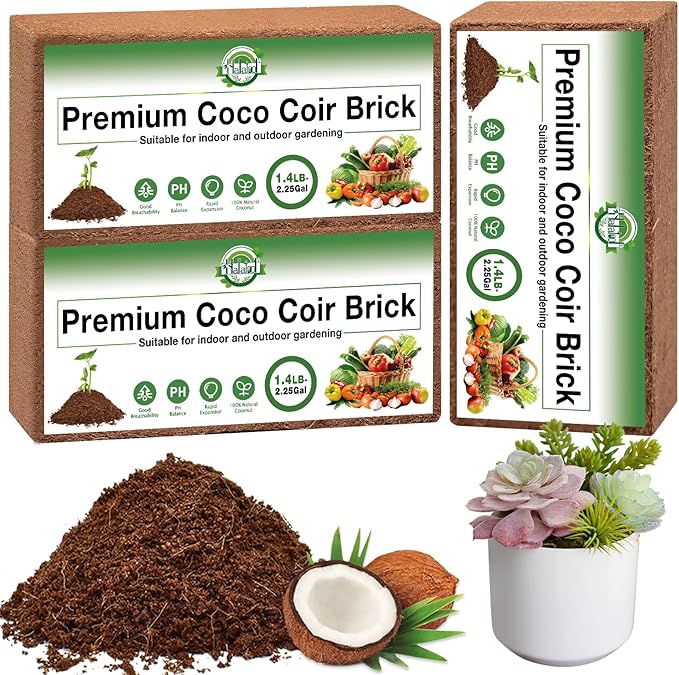 Halatool 3PCS Organic Coconut Coir Bricks Compressed Coco Coir Brick Nutrient Garden Soil with Low EC & pH Balance Premium Starting Soil Coconut Fiber Substrate for Plants Flowers Reptiles