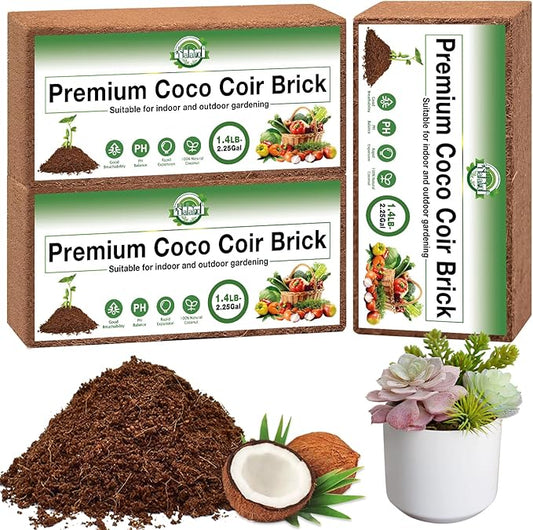 Halatool 3PCS Organic Coconut Coir Bricks Compressed Coco Coir Brick Nutrient Garden Soil with Low EC & pH Balance Premium Starting Soil Coconut Fiber Substrate for Plants Flowers Reptiles