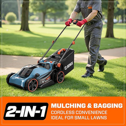 SENIX 40V 15'' Cordless Lawn Mower - 1.3 Bushels Grass Bag, (2) 4Ah Batteries & 3.0A Charger Included