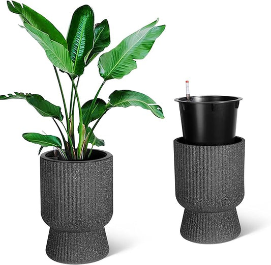 14.2" Tall Planters Set of 2, Plant Pots, Self Watering Pots for Indoor Plants, Flower Pots With Built-In Drainage and a Water Level Monitor, for Patio, Porch, Living Room, or Home Office, Black