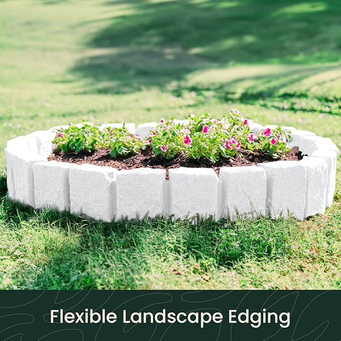 Beuta Landscape Edging | Garden Edging Border | Faux Stone Block XL for Lawn Edging, Flower Beds & Yard Edging – 4 Pack | Each Section Has 6 Blocks 48" L x 4" W x 9.5" H | 12 Spikes | Limewash
