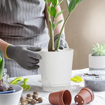 4 Inch 5 Pack Small Self Watering Pots for Indoor Plants, Nursery Pot with Drainage Holes and Saucers, Plastic Small Flower Planter for Succulent, Aloe, Cacti and More (White)