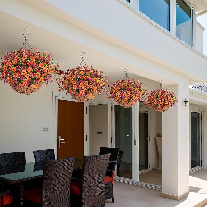 Artificial Silk Flowers Hanging Baskets for Outdoors Indoors, Daisy with Eucalyptus Leaves Arrangement for Garden Yard Decor, Faux Green Plant in Metal Coconut Lining Flowerpot(Orange Brown)