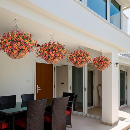 Artificial Silk Flowers Hanging Baskets for Outdoors Indoors, Daisy with Eucalyptus Leaves Arrangement for Garden Yard Decor, Faux Green Plant in Metal Coconut Lining Flowerpot(Orange Brown)