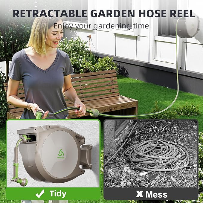 PINWHEEL 5/8in 100FT Retractable Garden Hose Reel, Automatic Retractable Hose with 10-Pattern Spray Nozzle, 180° Swivel Bracket, 3-Layer PVC Durable Water Hose for Yard Lawn Care (100 FT)