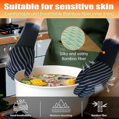 HandLove BBQ Gloves, Oven Gloves with Fingers –1472℉ Heat Resistant Gloves for Grilling | Aramid Retardant Non-Slip Grip, Bamboo-Lining Fire, Black,M