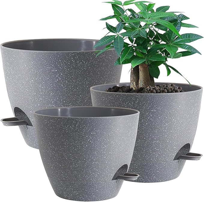 Large Self Watering Pots, 12/10/9 Plastic Planters with High Drainage Holes and Deep Reservoir for Indoor Outdoor Garden Plants and Flowers, Grey Speckles