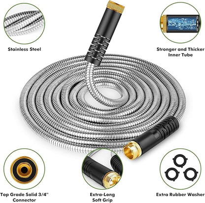 Garden Hose 175ft, Stainless Steel Heavy Duty Water Hose with 10 Function Nozzle Flexible, Lightweight, No-Kink, Pet Proof, Puncture Proof Metal Hose for Yard, Outdoor