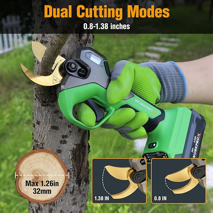 WORKPROX Electric Pruning Shears, 1.26" Cutting Diameter, Brushless Motor, SK5 Titanium-Coated Blades, 2Ah Battery Pruning Shears with LCD Display