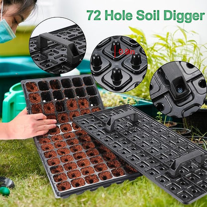 (20Pack) 72-Cell Seed Starter Trays with Dibber, 10 Pack Nursery Starting with Base Tray, 72 Hole Soil Digger for Setting Out Quickly, Seedling Planting Tray, Germination Kit Trays Reusable
