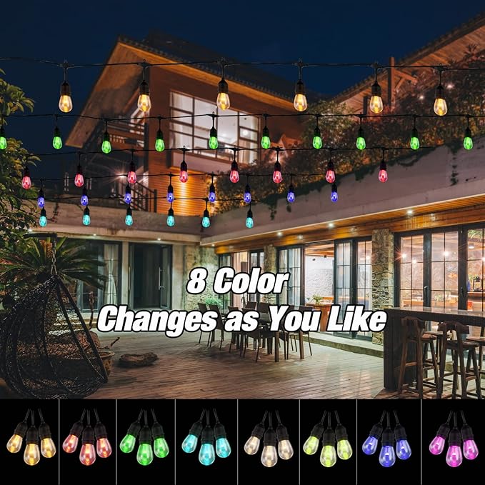 96FT Outdoor String Lights, 30 Shatterproof Edison LED Bulbs, Dimmable RGB Color Changing Patio Lights Waterproof with Remote. for Patio Decor, Garden, Yard,Commercial Use.