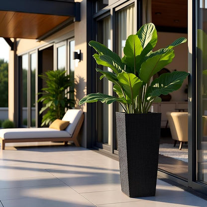 30in Tall Planter, Self Watering Pots for Indoor/Outdoor Plants with Drain Holes, Water Level Monitor, Inner Bucket for Front Porch Patio, Black Large(1 Set)