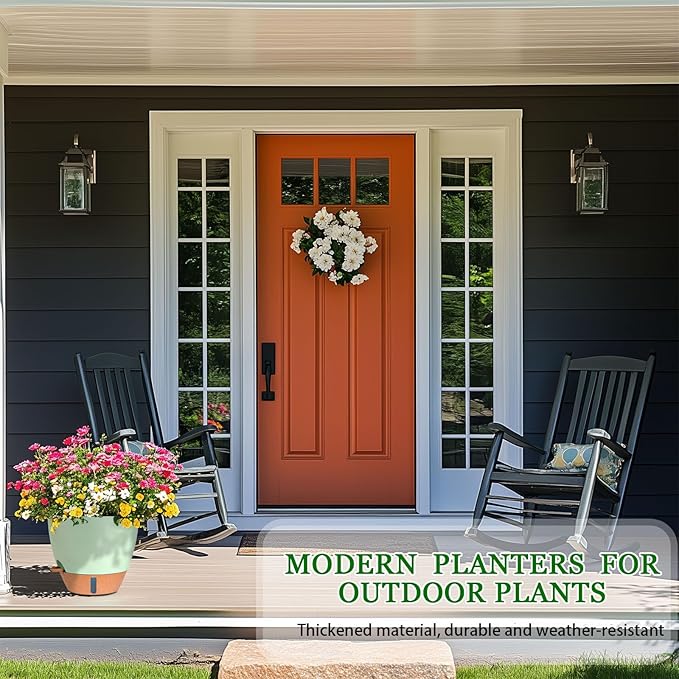 8/10/12 Inch Self Watering Pots for Indoor/Outdoor Plants - Large Plastic Planter with Drainage Holes, Water Level Indicator & Deep Reservoir, Modern Decorative Flower Pots (Green)