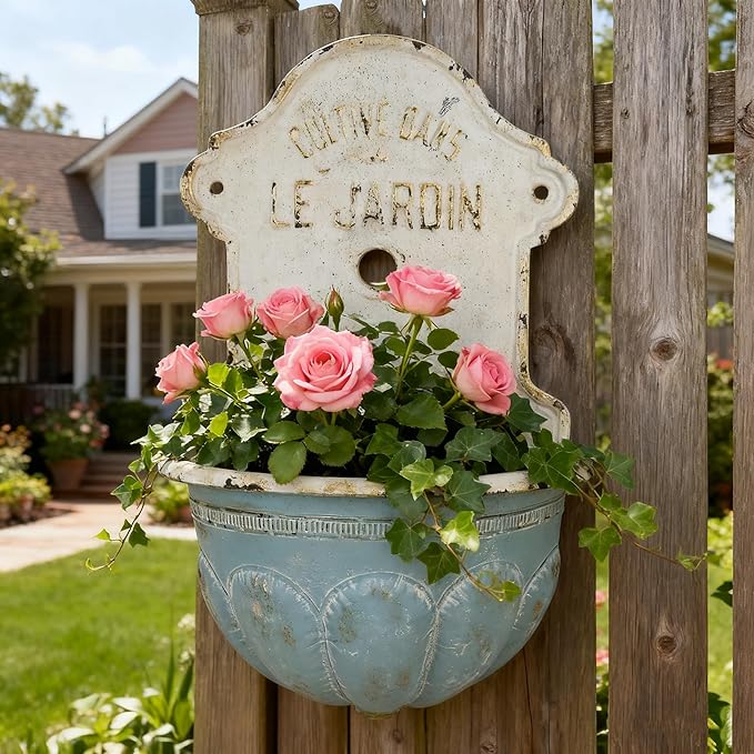 Vintage Style Cast Iron Wall Planter, Cultive Dans Le Jardin French Inspired Hanging Flower Pot, 27" Decoractive Retro Wall Mount Planter with Rustic Charm for Indoor Outdoor Garden Decor